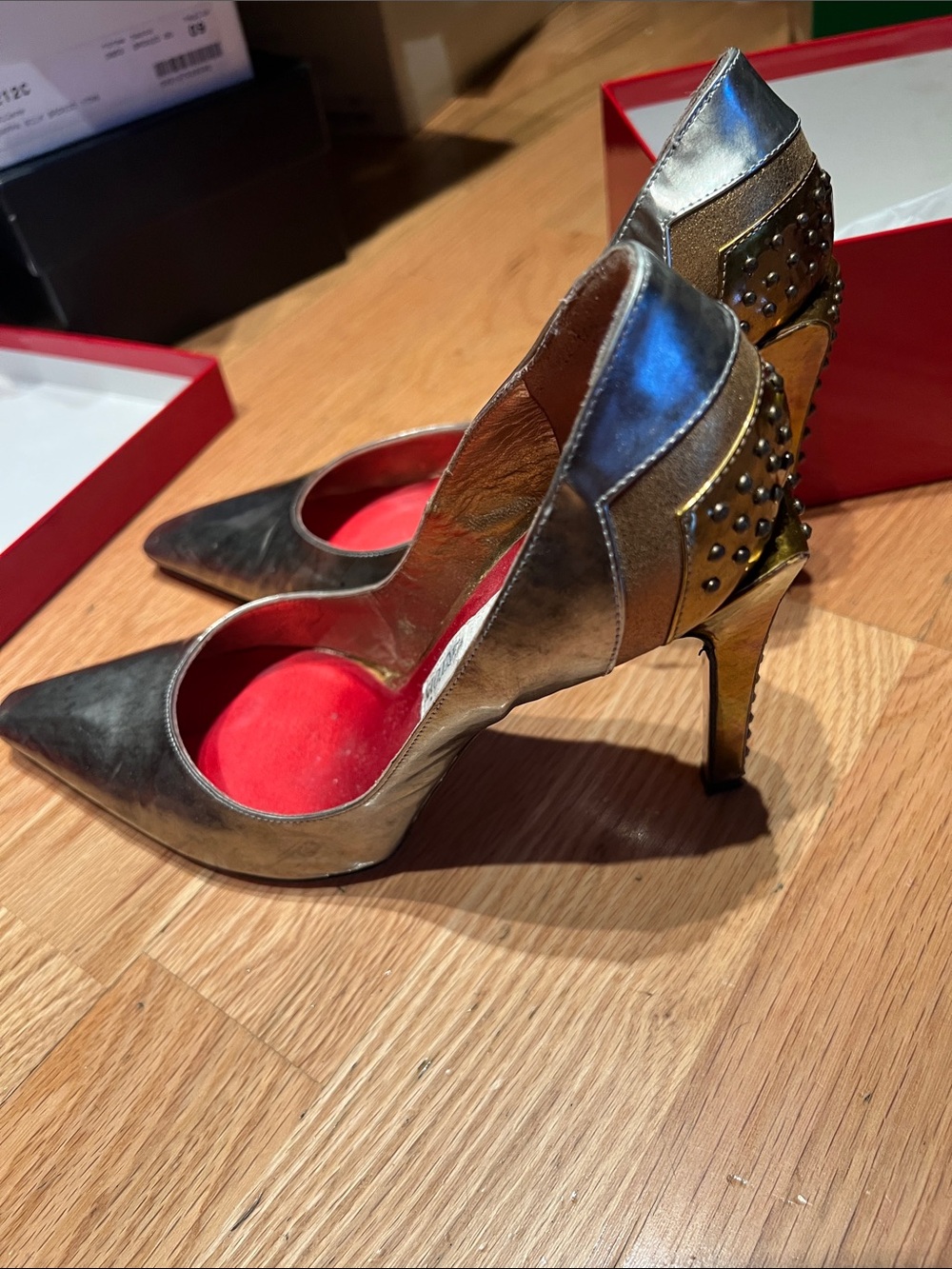 Christian Lacroix Metallic Gold and Silver Studded Peep-Toe Heels